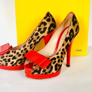 Fendi red beige black ponyhair heels with bow  38